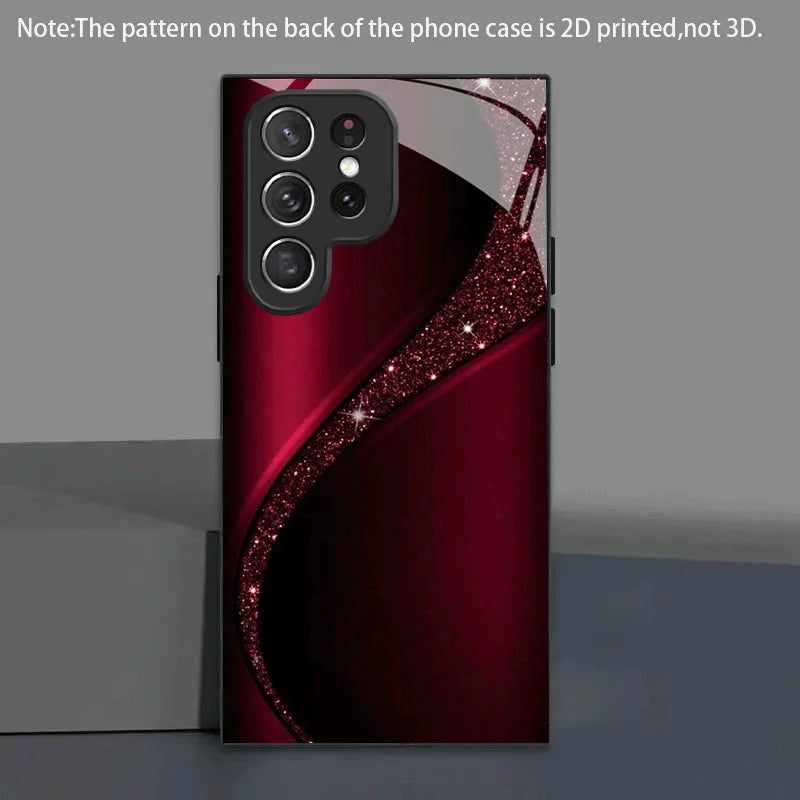 Red curved phone case with glitter dust from Corporación Turística, designed to protect and stylishly cover a smartphone.