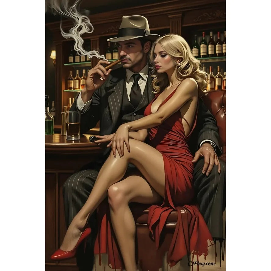 Metallic poster of a beautiful blonde woman in fashionable attire, showcasing modern art style and vibrant colors.