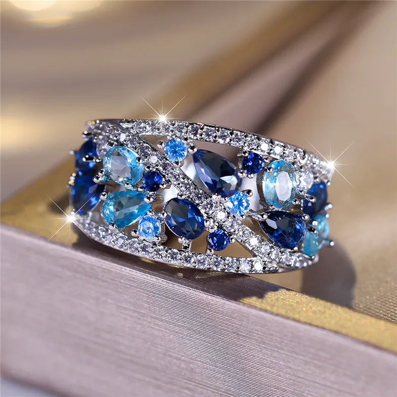 Luxurious blue zircon stone ring for women, elegant jewelry piece with sparkling blue gemstone from Corporación Turística.