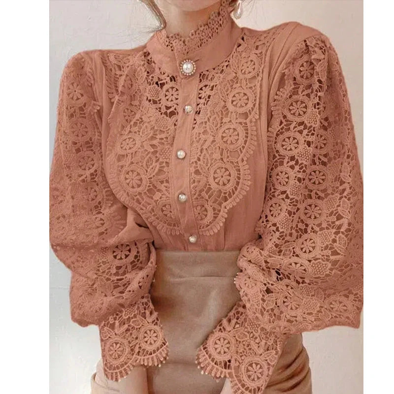 Blusa de encaje con manga de pétalo para mujer, camisa co...