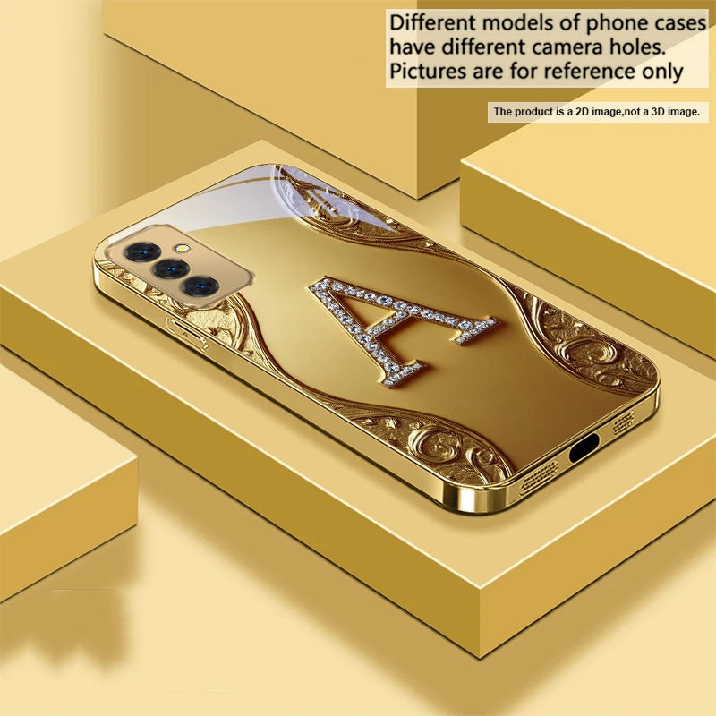Gold crystal phone case with diamond accents, designed for a sleek and elegant look on compatible smartphones.