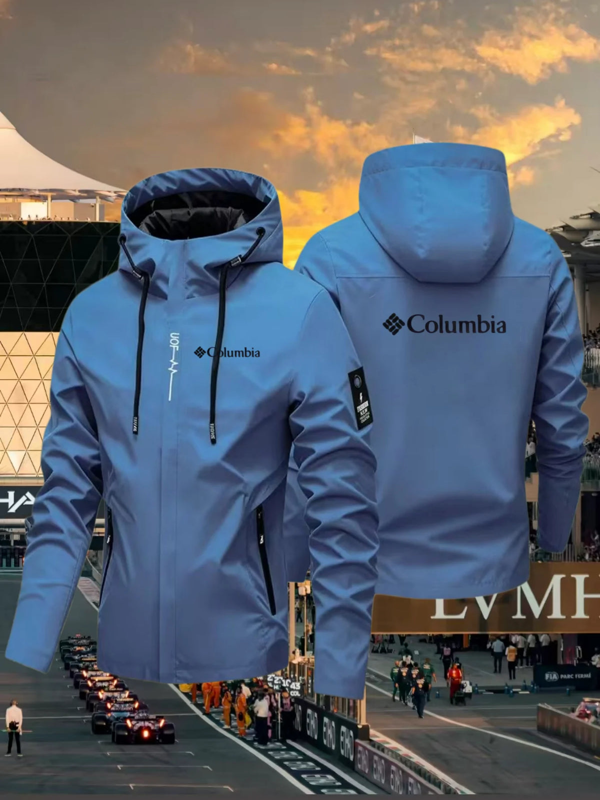 Men's lightweight waterproof rain jacket with hood from Corporación Turística, shown in a sleek, practical outdoor design.