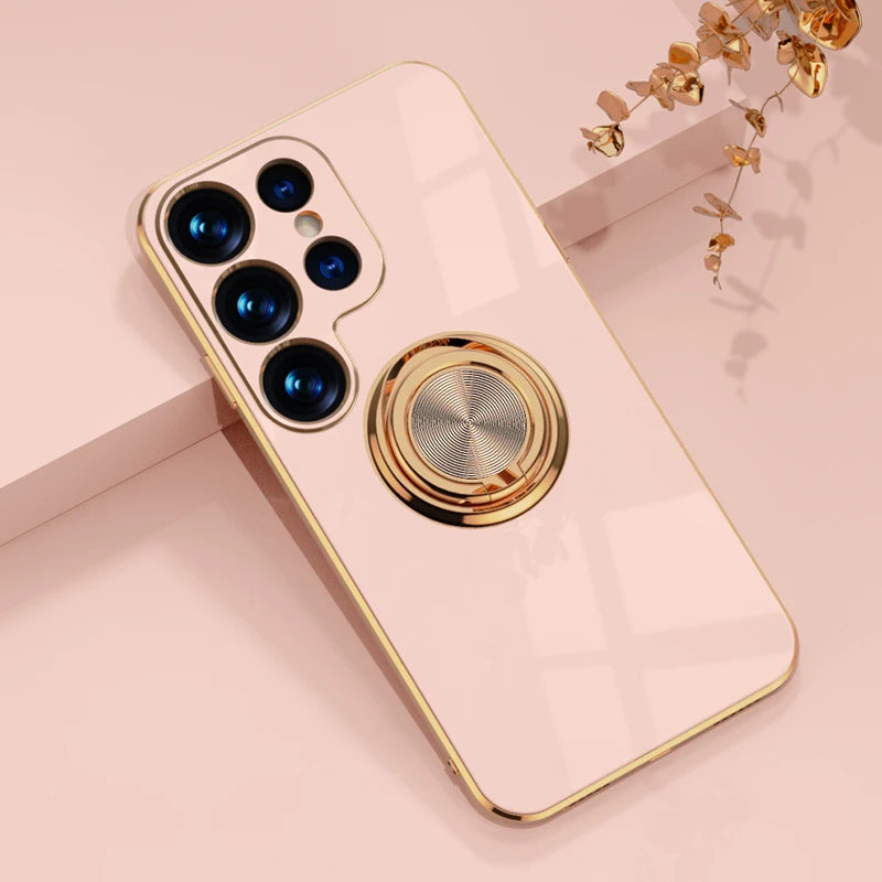 Luxury gold-plated Samsung ring holder case with built-in support, featuring elegant design and secure grip for smartphones.