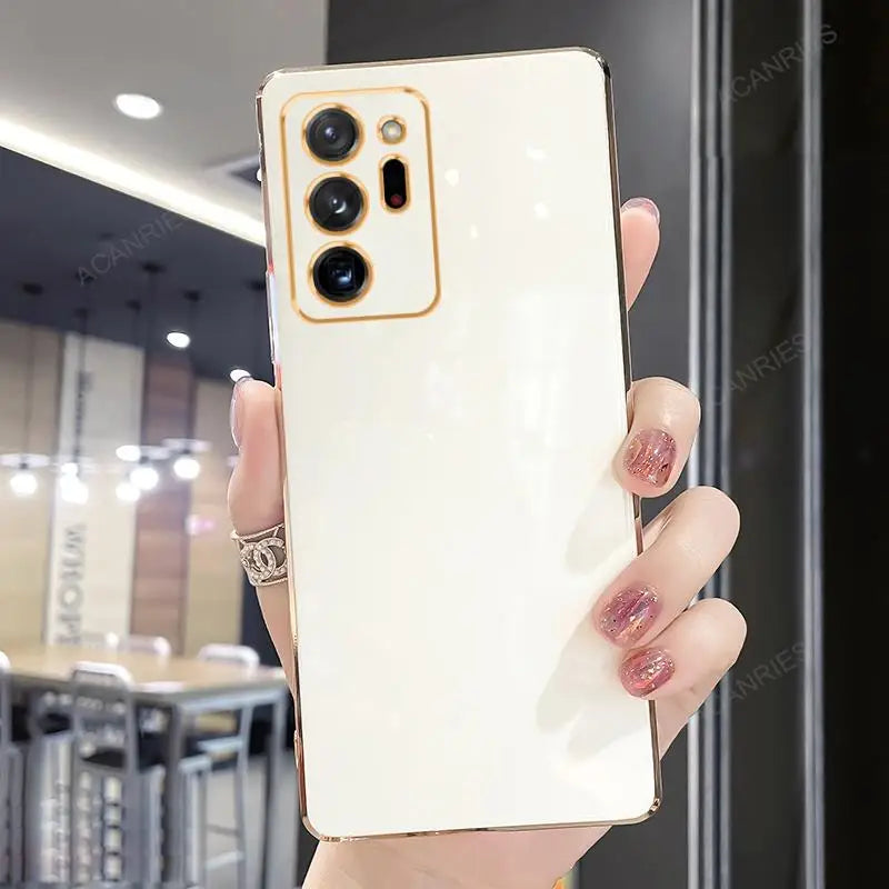Samsung Galaxy Note20, Note10, Note9 ring stand case with gold plating, featuring a built-in ring holder for easy grip and support.