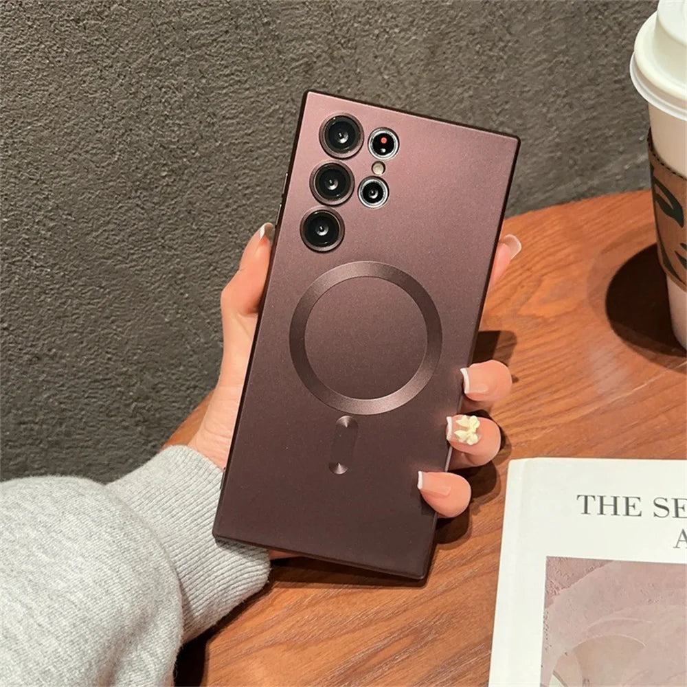 Silicone metallic-colored MagSafe phone case by Corporación Turística, showing a close-up of the sleek, reflective design.