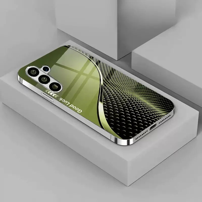 Electroplated glass phone case with decorative design, compatible with various smartphone models, showcasing a sleek, protective cover.