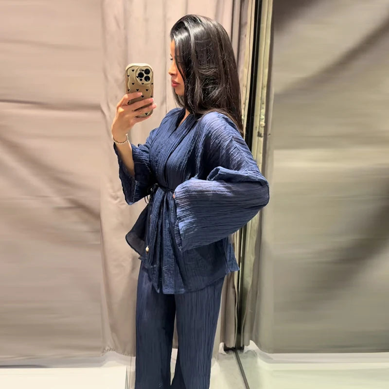 Conjunto Casual Mujer V-Neck Manga Ancha Lazo Pantalón Holgado