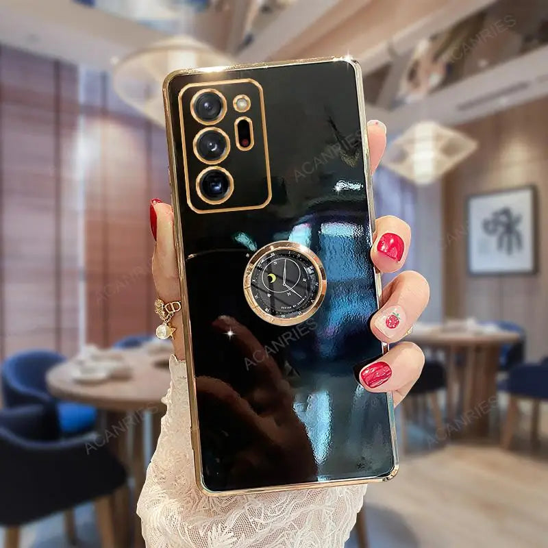 Samsung Note20, Note10, Note9 phone case with ring stand, gold-plated, providing protection and a convenient grip.