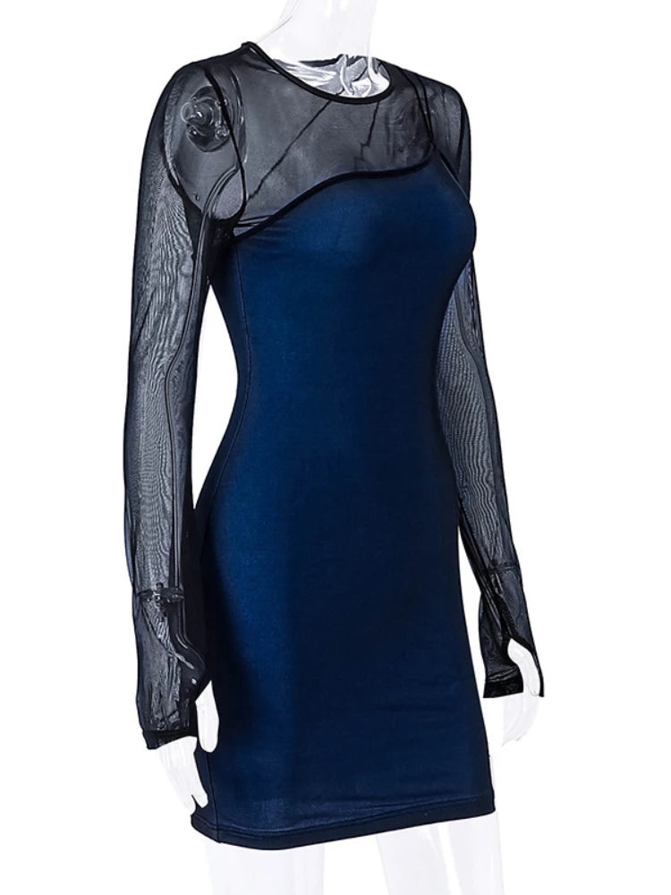 Black transparent lace minivestido with long sleeves, featuring sexy design and intricate lace details, by Corporación Turística.