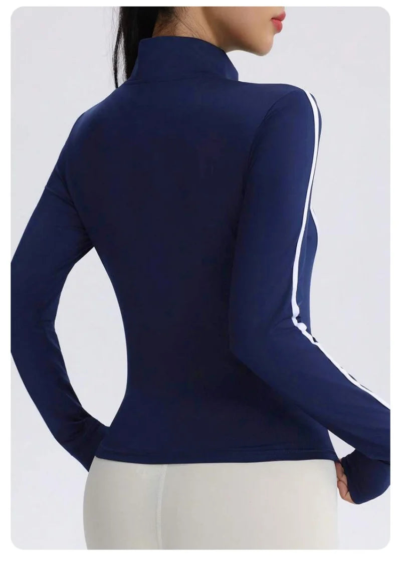Chaqueta de yoga azul marino para mujer con costuras en c...