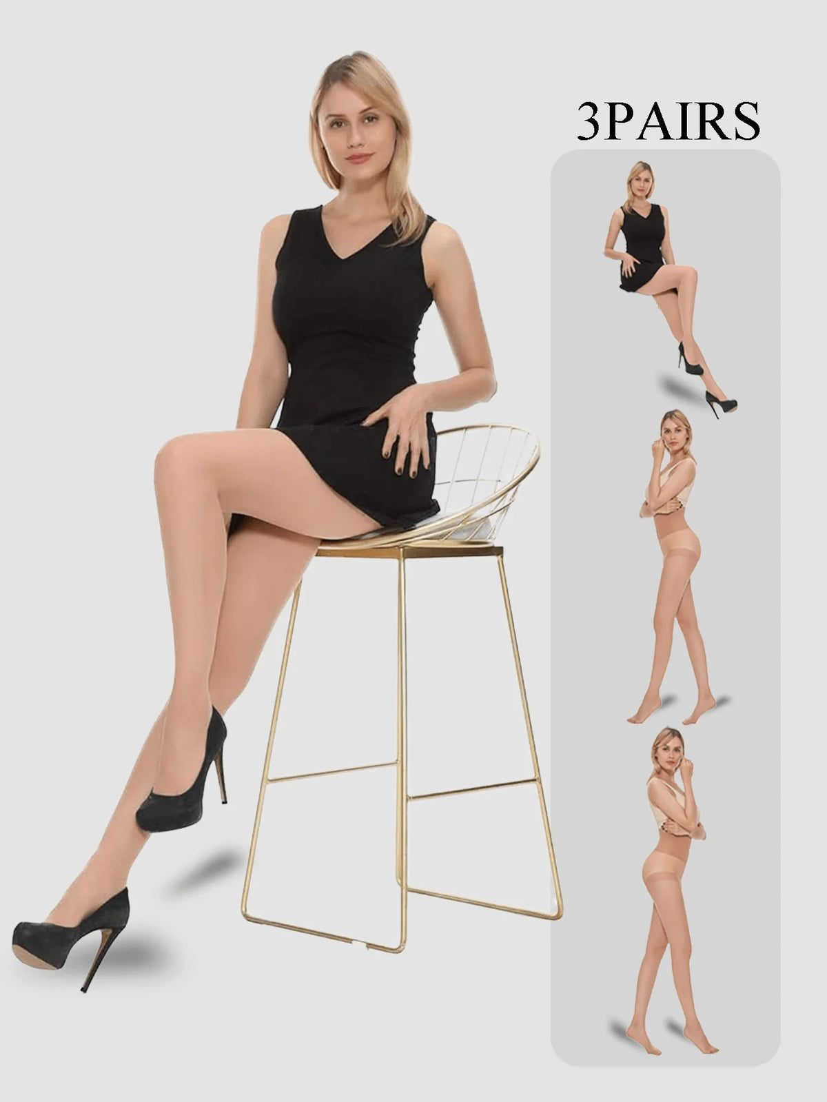 Three pairs of women's nylon pantyhose from Corporación Turística, featuring ultra-sheer, smooth, and comfortable leg coverage.