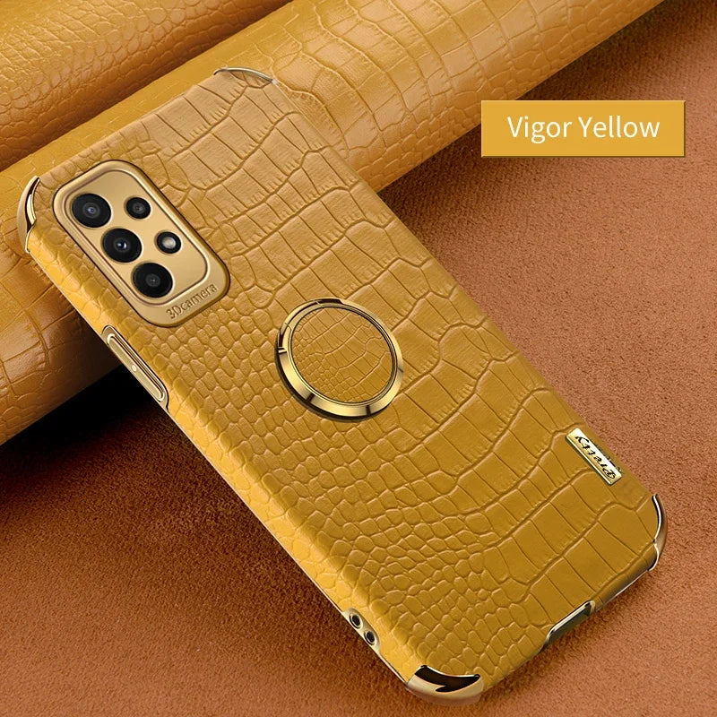 Crocodile-pattern leather phone case for Samsung Galaxy, black color, with textured crocodile skin design.