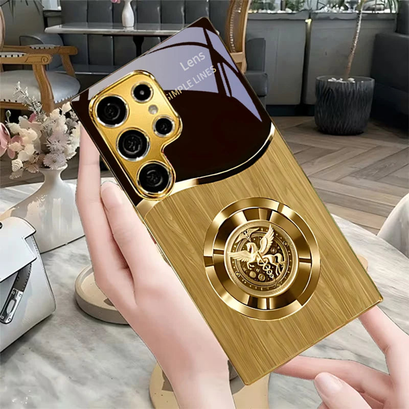 Gold phone case with retro metallic insignia, designed for smartphones, featuring a stylish and vintage-inspired look.