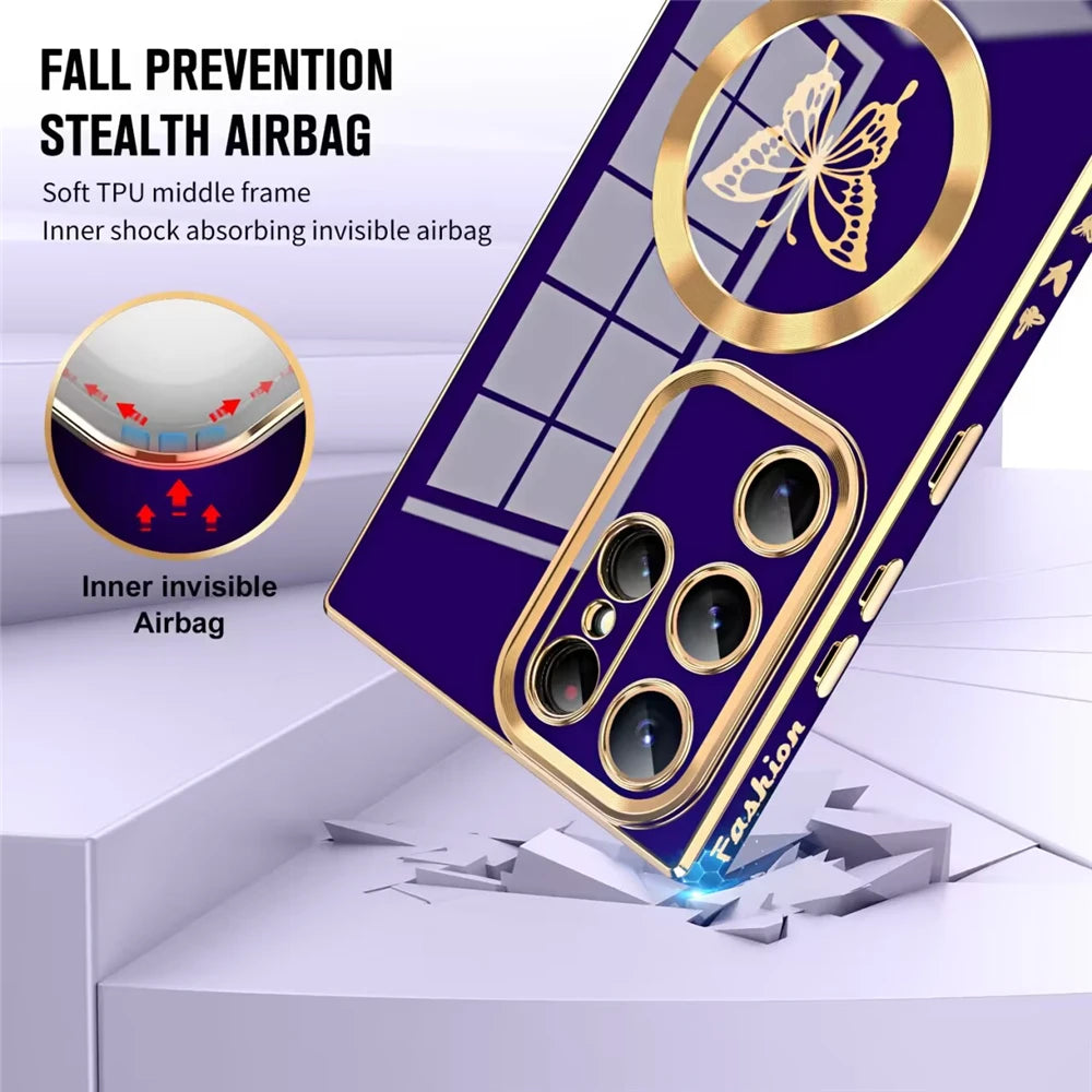 Magnetic electroplated butterfly phone case for Samsung S series by Corporación Turística, with detailed butterfly design.