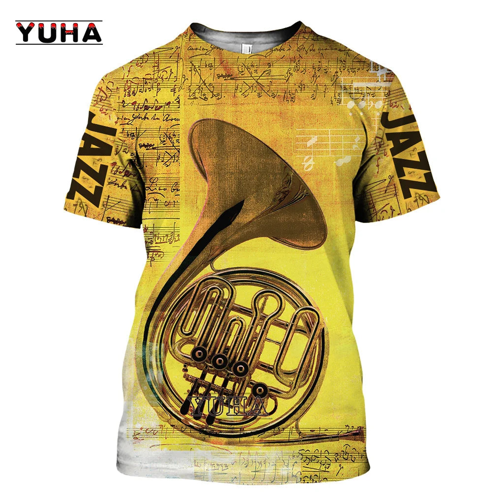Camiseta Jazz 3D Saxo/Guitarra Hombre Verano Manga Corta Casual