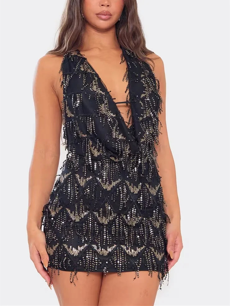 Vestido Mini Halter con Lentejuelas para Mujer, Cuello Ha...