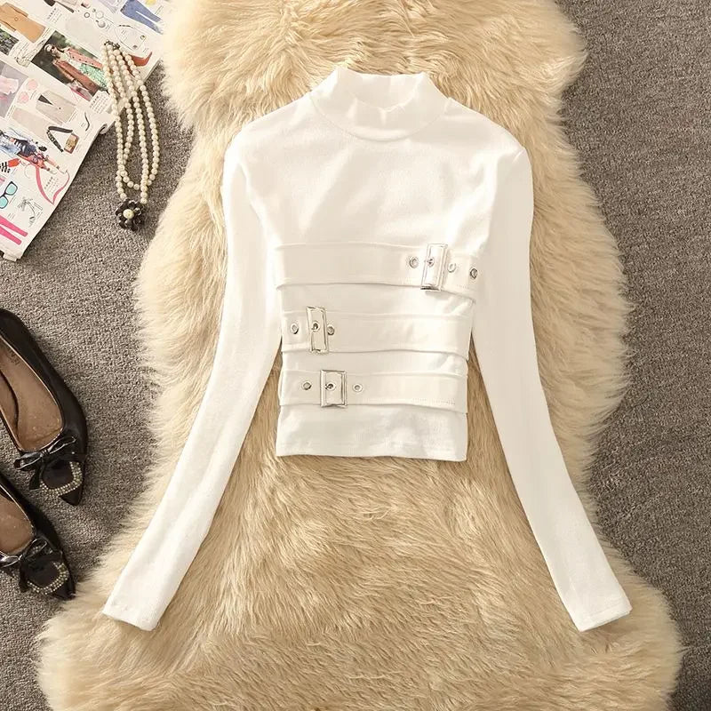 Top elegante de manga larga único de cuello alto para muj...