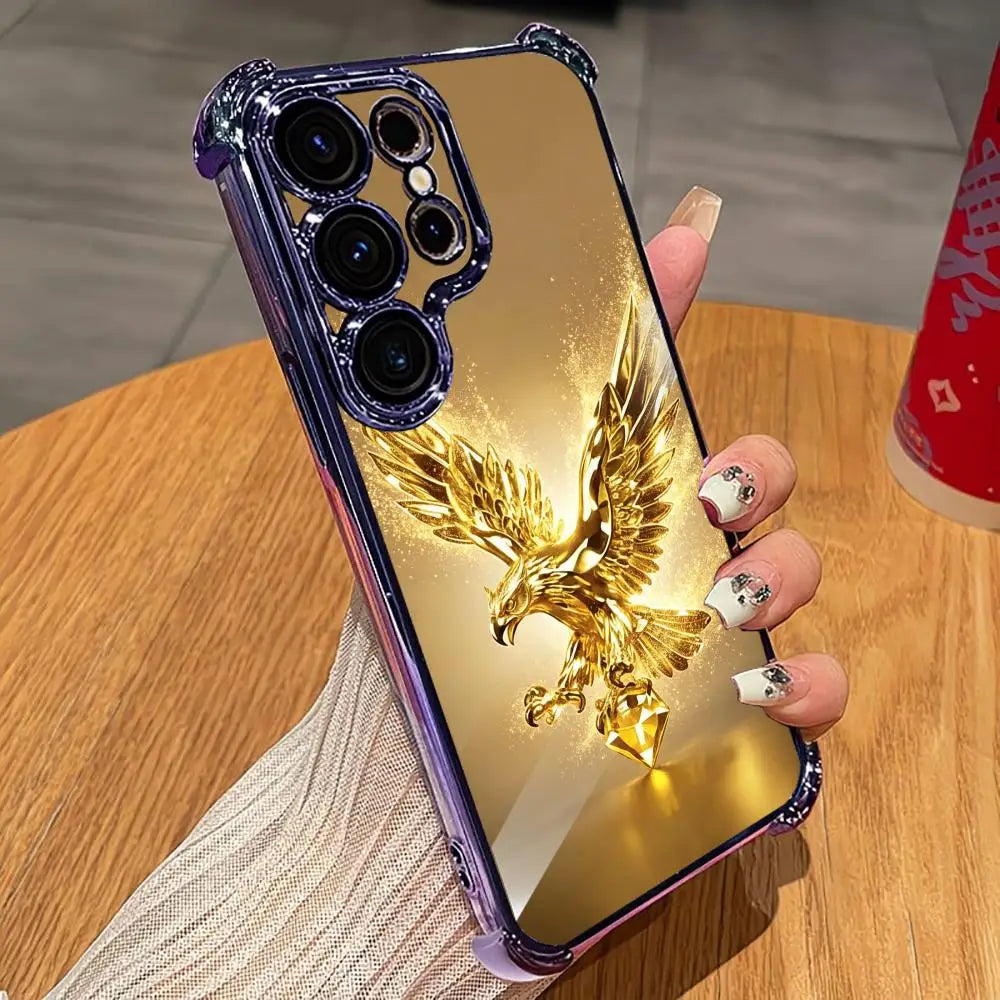 Golden eagle-designed phone case from Corporación Turística, featuring a shiny, intricate eagle pattern on a durable protective cover.
