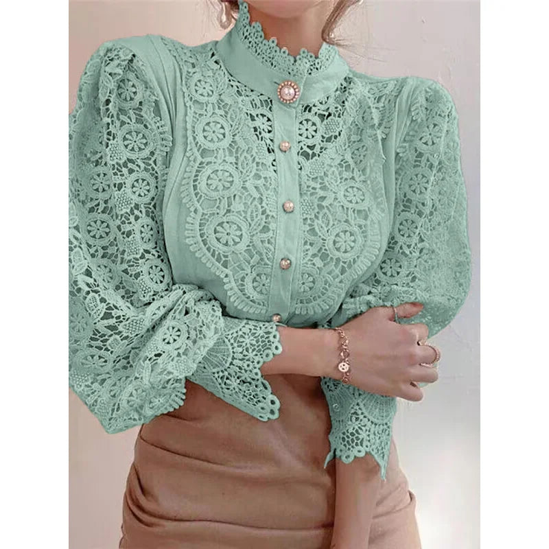 Blusa de encaje con manga de pétalo para mujer, camisa co...