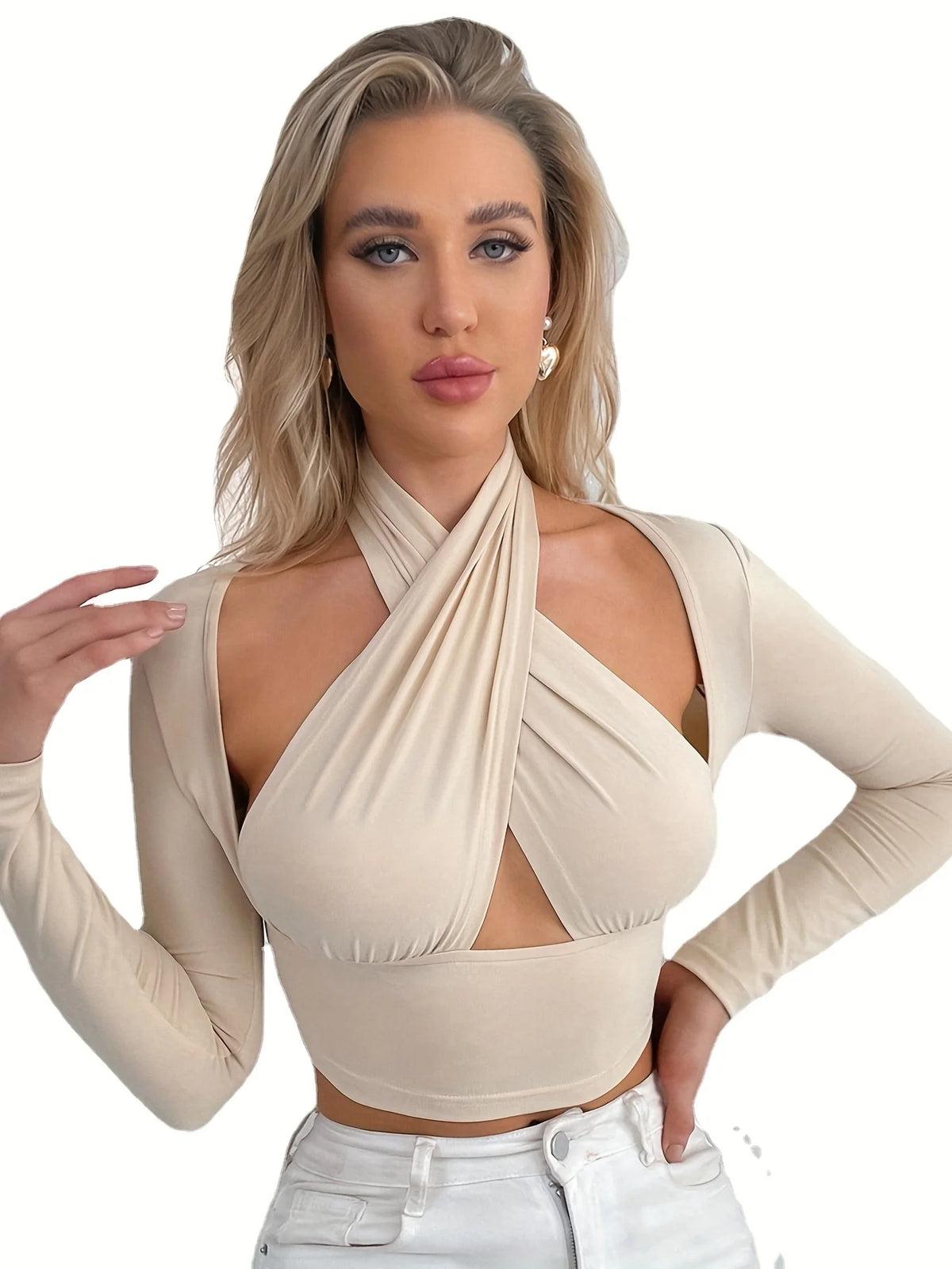 Loose-fit crossover neck t-shirt with open sleeves from Corporación Turística, showcasing soft fabric and stylish design.