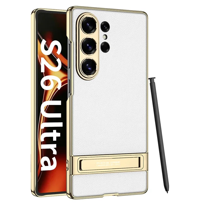 Rigid protective case with support and leather lining from Corporación Turística, designed for durable device protection.