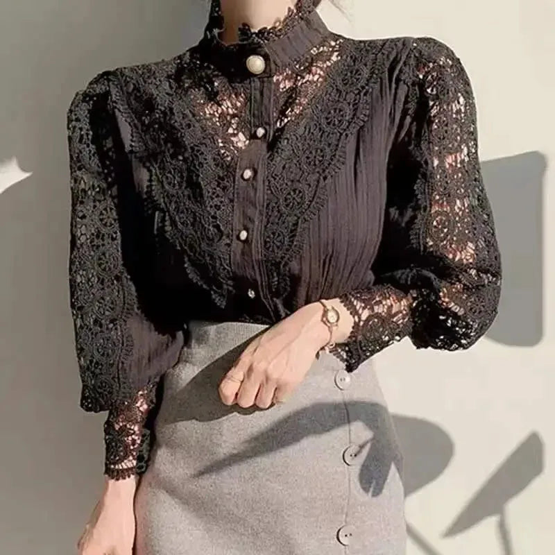 Blusa de encaje con manga de pétalo para mujer, camisa co...