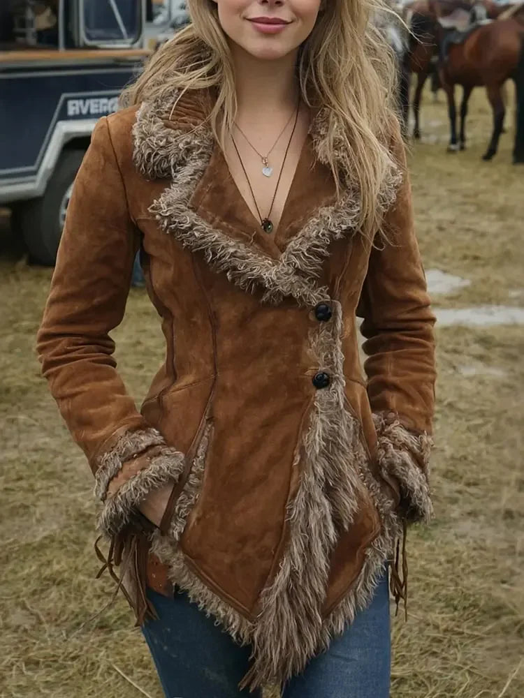 Abrigo de mujer de gamuza con cuello de piel, estilo occi...