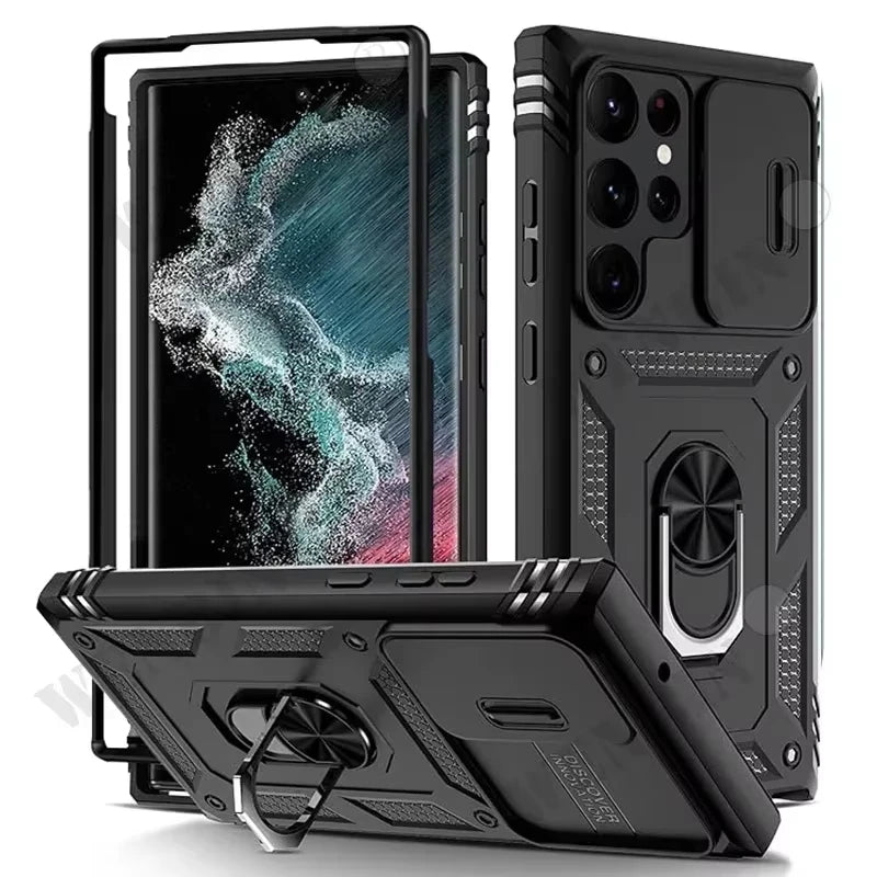 Durable Samsung phone case with 360-degree stand for Galaxy S25 Ultra, S23, S26, S24 Plus, A57, A56, A37, A36, A17, A16 5G