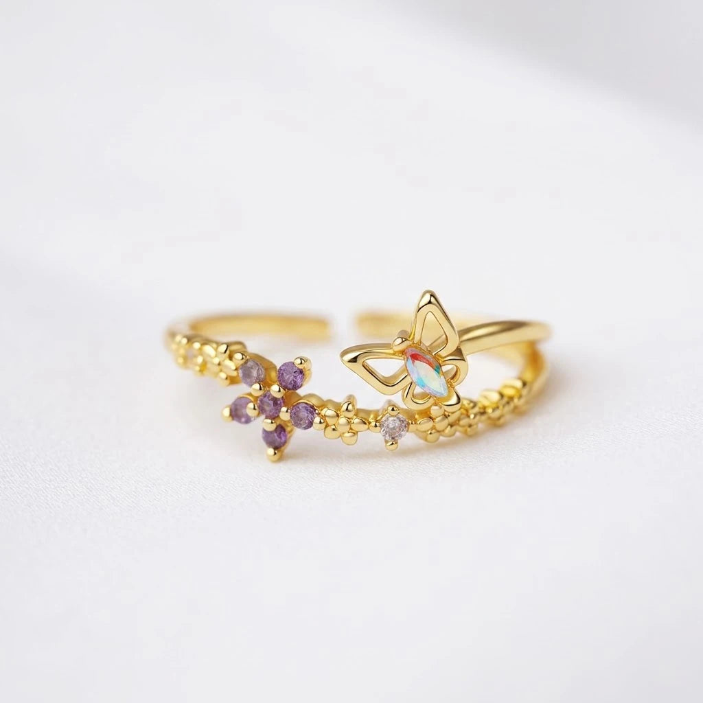 Anillo Flor Circon Colorido Ajustable Mujer Moda Vintage Regalo Joyería