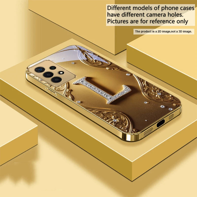 Gold crystal phone case with diamond accents, designed for stylish protection of smartphones by Corporación Turística.