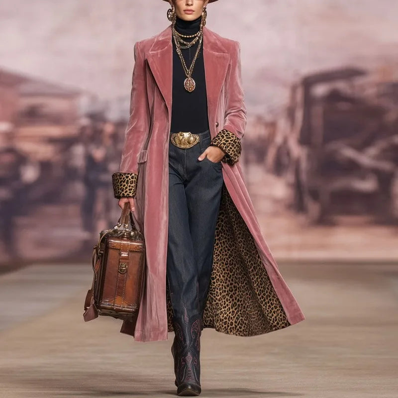 Abrigo Largo de Terciopelo Rosa Vintage para Mujer, Forro...