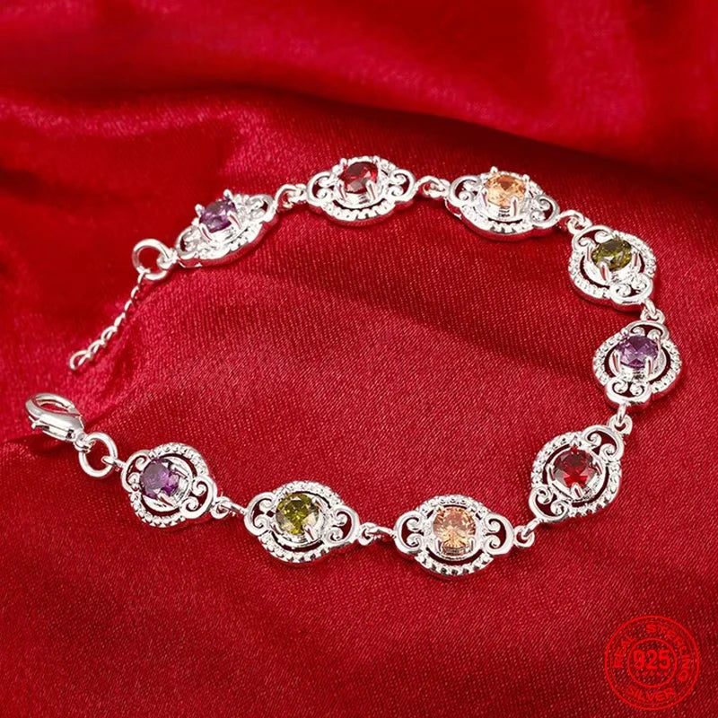 Pulsera fina de Plata de Ley 925 con dijes de cristal a l...
