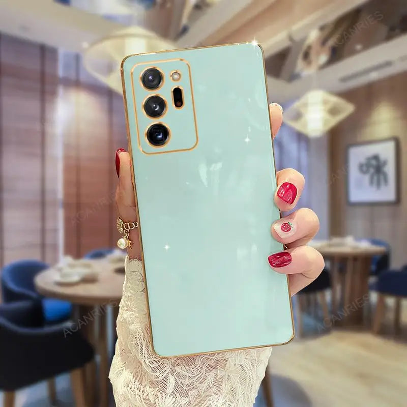 Samsung Note20, Note10, Note9 phone case with ring stand and gold plating, featuring durable protective design and stylish appearance.