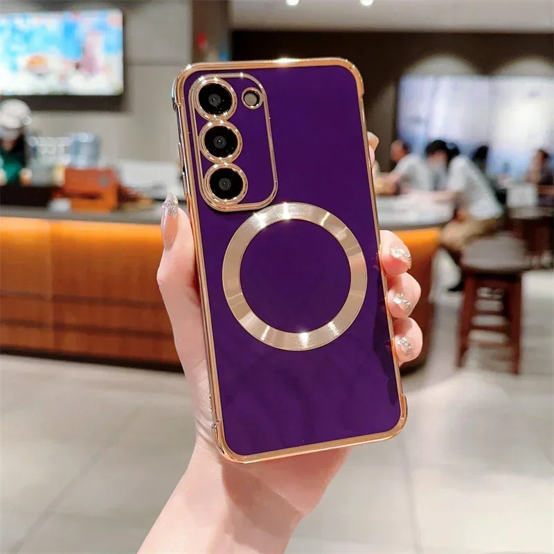 Magnetic gold-plated phone case for Samsung Galaxy S26, featuring a sleek, shiny finish and precise cutouts for ports and buttons.
