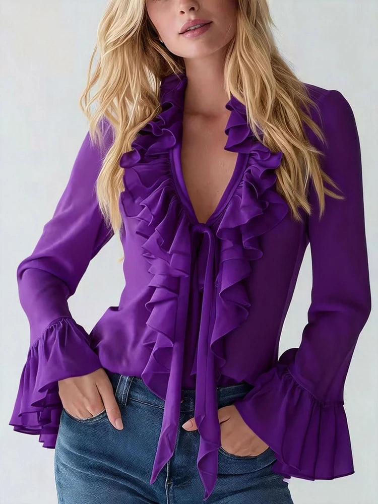 Blusa de mujer con volantes y cordones, manga larga acamp...