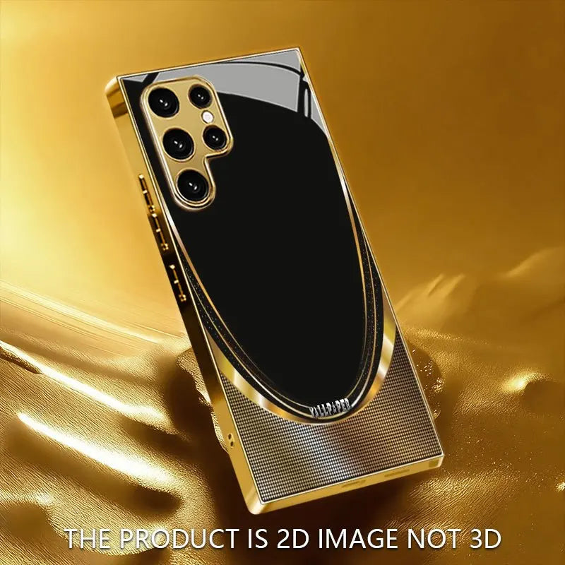 Gold-accented black patterned phone case with protective edges, designed for a stylish and secure fit for smartphones.