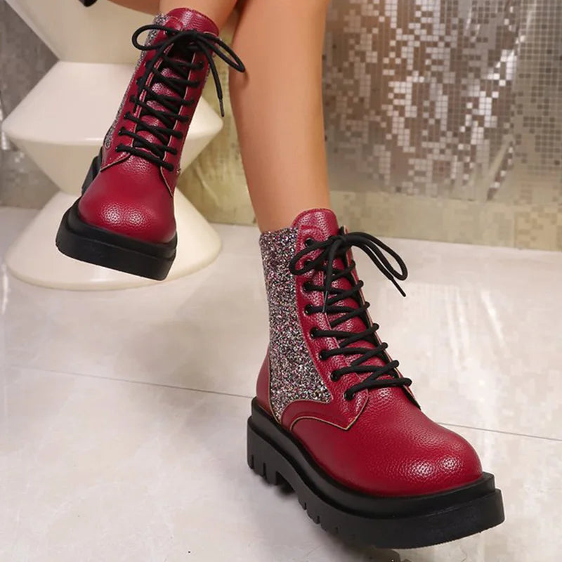 Botas Retro rojas brillantes para Mujer, botines con cord...
