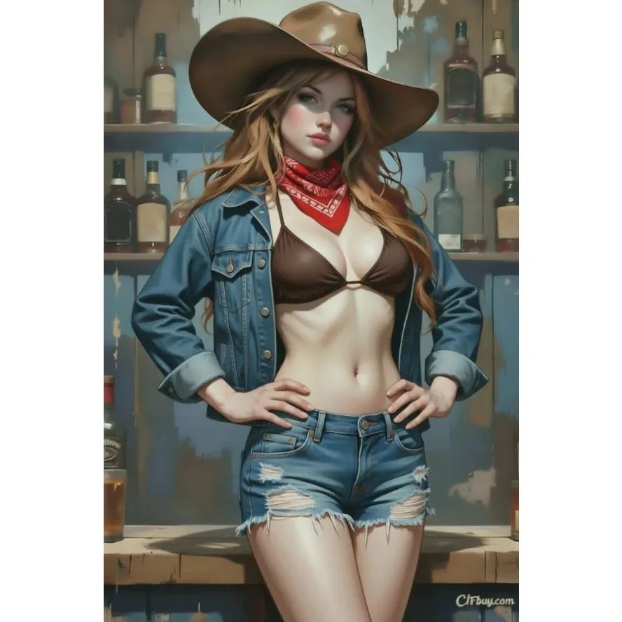 Metallic poster of a beautiful blonde woman with fashionable figure, vibrant colors, and artistic design, by Corporación Turística.