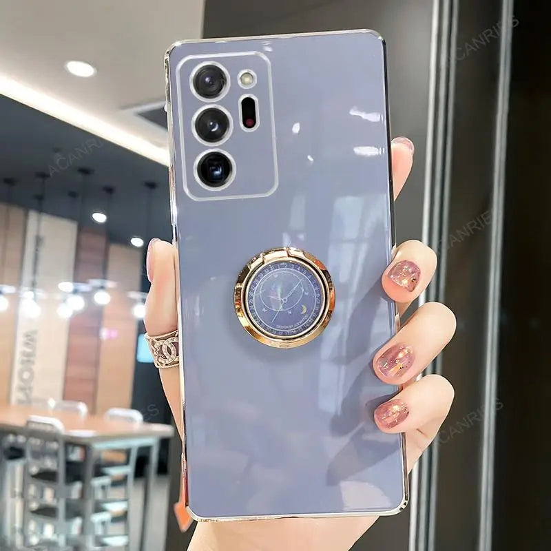 Samsung Galaxy Note20, Note10, Note9 protective case with ring stand, metallic finish, and durable material.