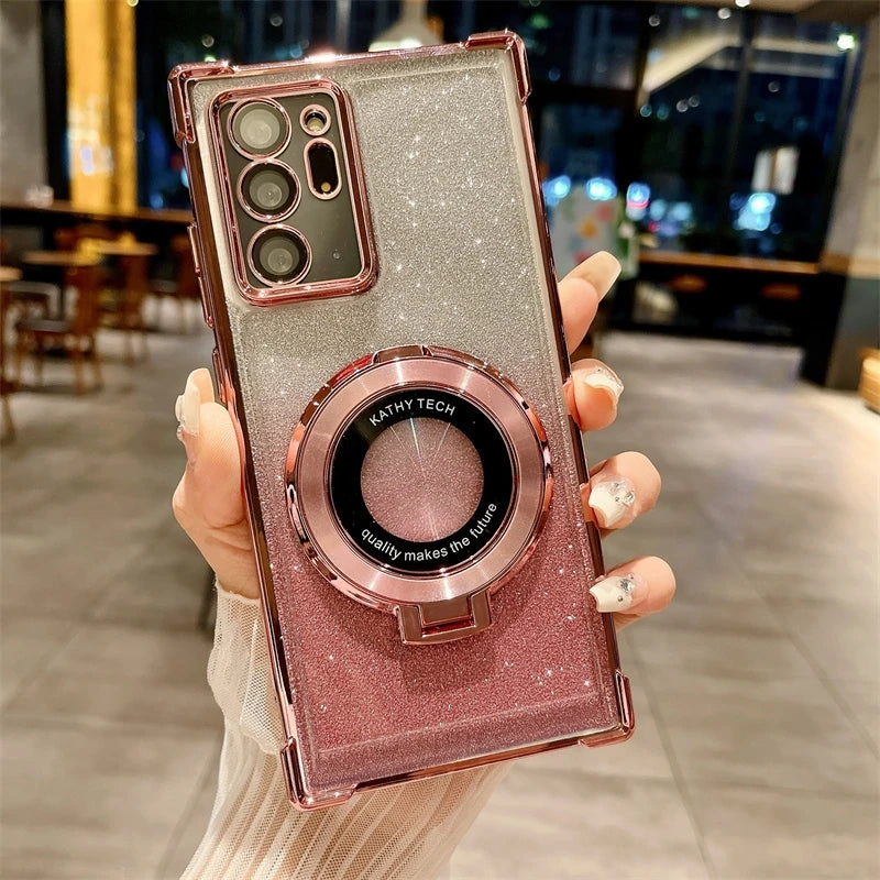 Samsung Galaxy Note20 Ultra phone case with built-in magnetic support, chrome-plated finish, providing protection and hands-free viewing.