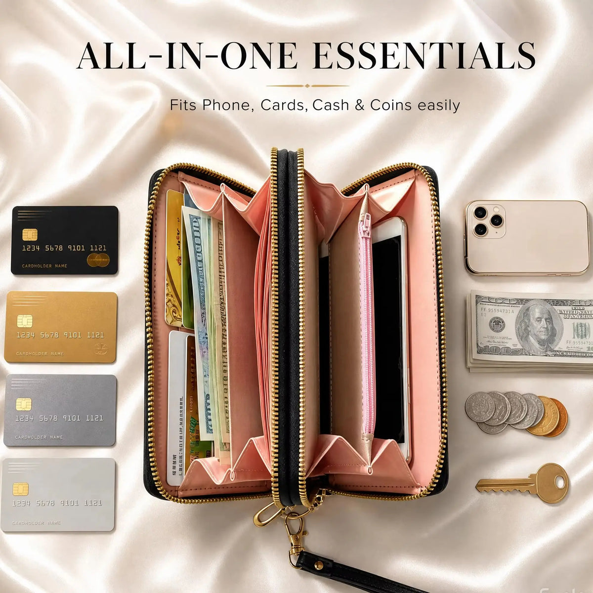 Cartera de gran capacidad con doble cremallera, Cartera g...