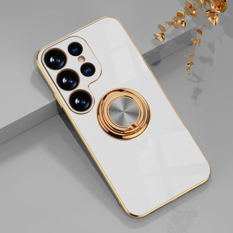 Luxury gold-plated ring holder case for Samsung smartphones, featuring a built-in support ring for easy handling and style.