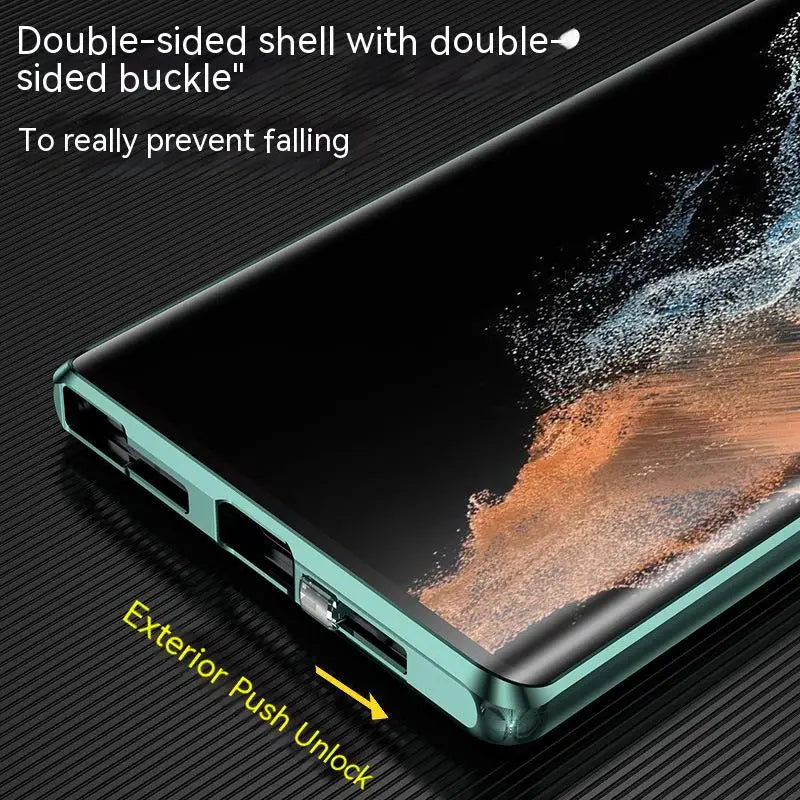 Magnetic metal phone case for Samsung S26, S25, S23, S24 by Corporación Turística, showing the sleek black exterior and magnetic closure.