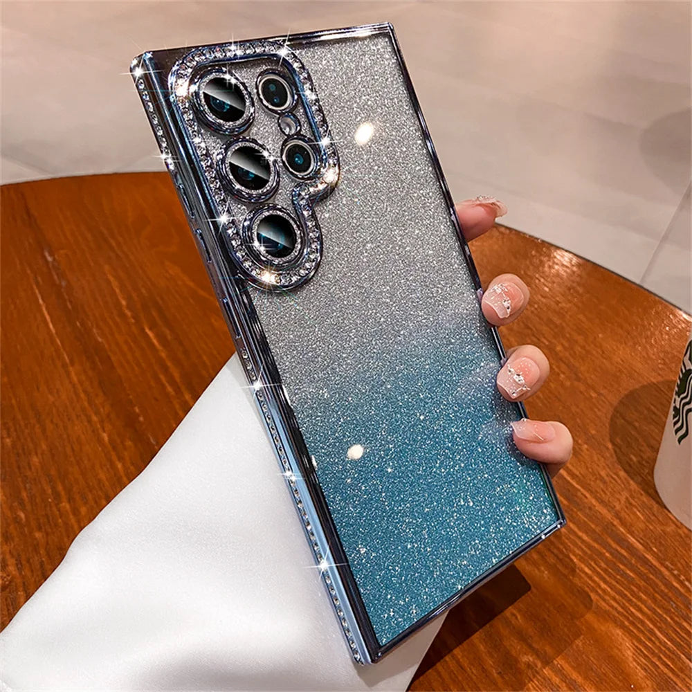 Colorful gradient and glitter phone case by Corporación Turística, featuring shiny embellishments and a stylish design.