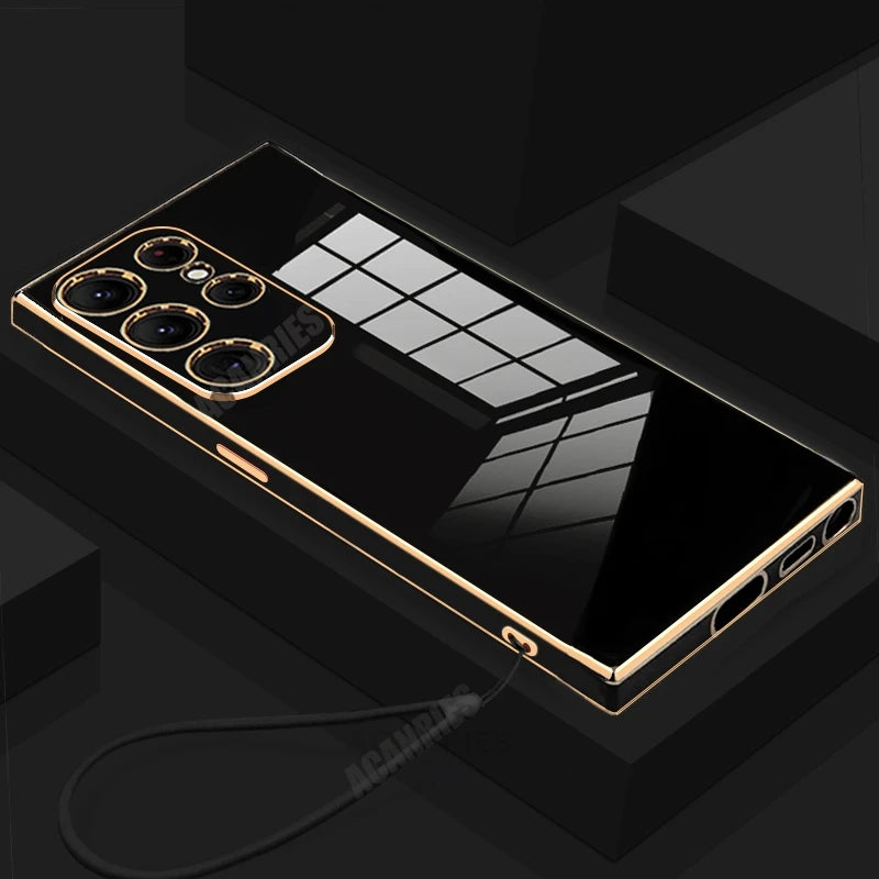 Silicone phone case with cord for Samsung Galaxy S24 Ultra, featuring a luxurious gold-plated finish and sleek design.
