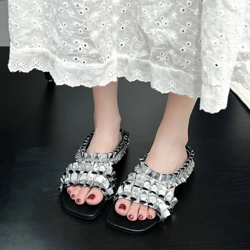 Zapatillas De diseñador plisadas doradas a la moda, Sanda...