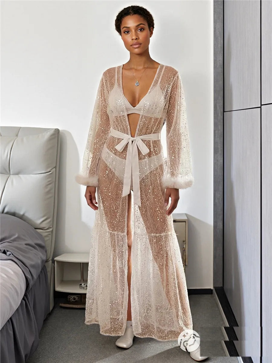 Lightweight, transparent summer long chemise for women with lace details, from Corporación Turística.