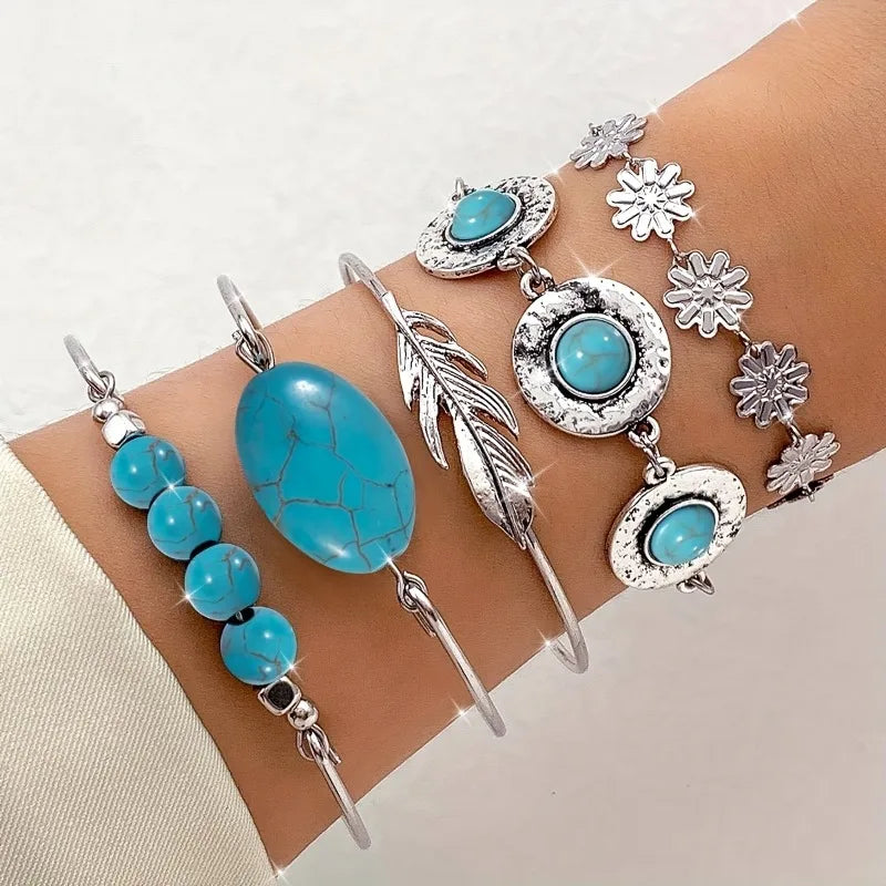 5 unids/set Vintage imitación turquesa mariposa pulsera c...
