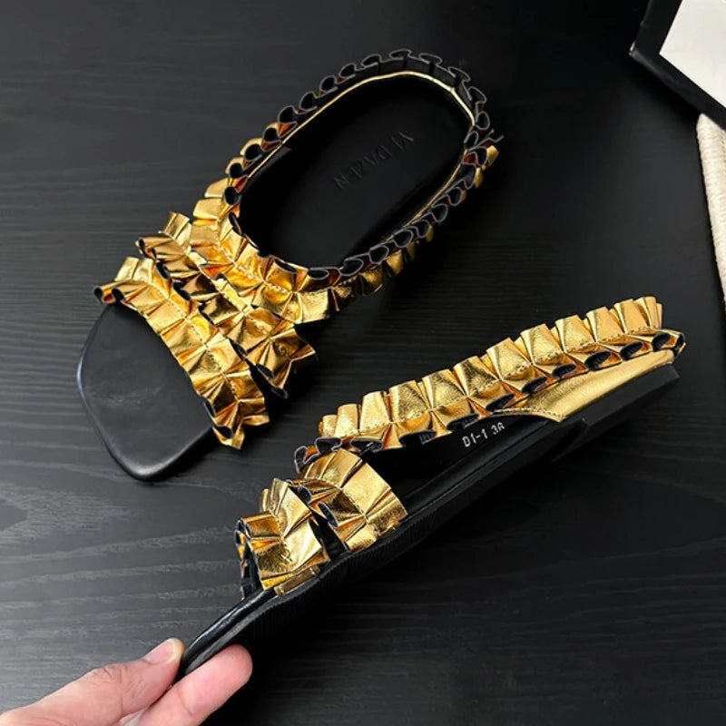 Zapatillas De diseñador plisadas doradas a la moda, Sanda...