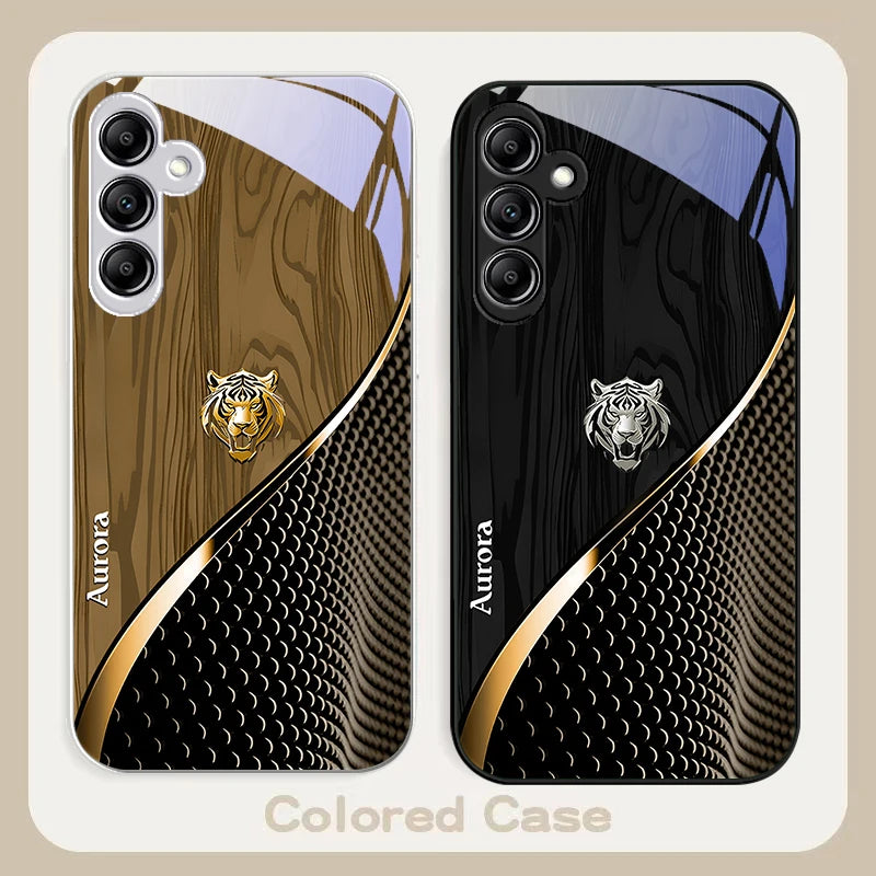 Glass phone case with a golden tiger design, featuring clear protection and stylish animal print for a sleek look.